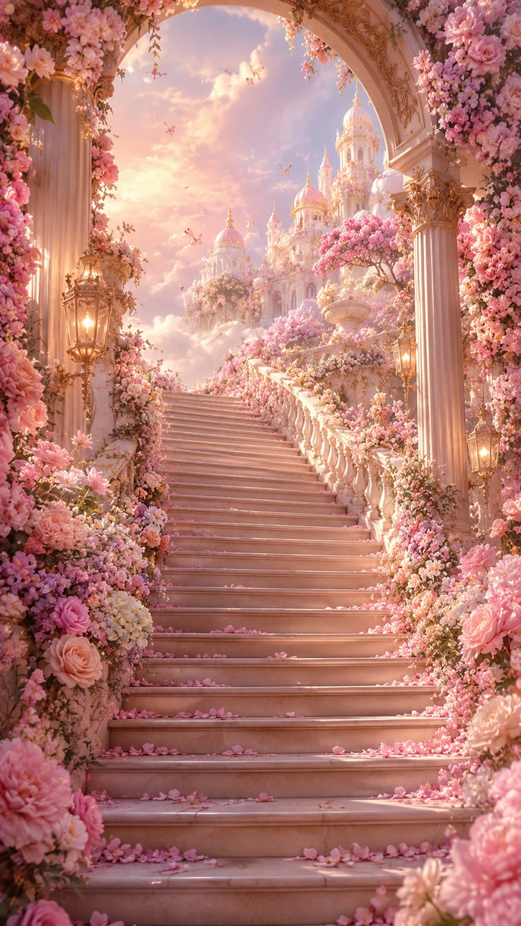 Decorative palace illustration with a pink floral staircase